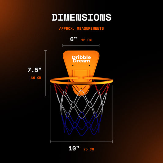 Dribble Dream wall hoop dimensions: approx. 10 inch rim (25 cm), 6 x 7.5 inch backboard (15 x 19 cm)