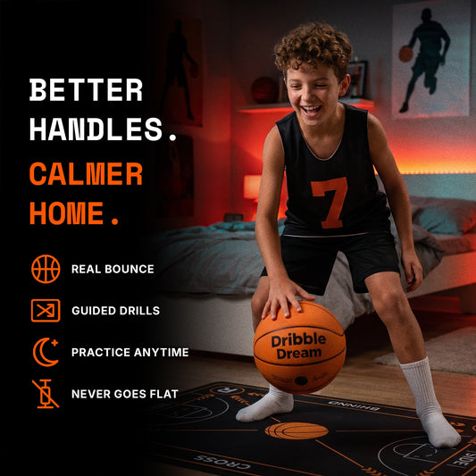 Boy dribbling a silent basketball on a drill mat in his bedroom