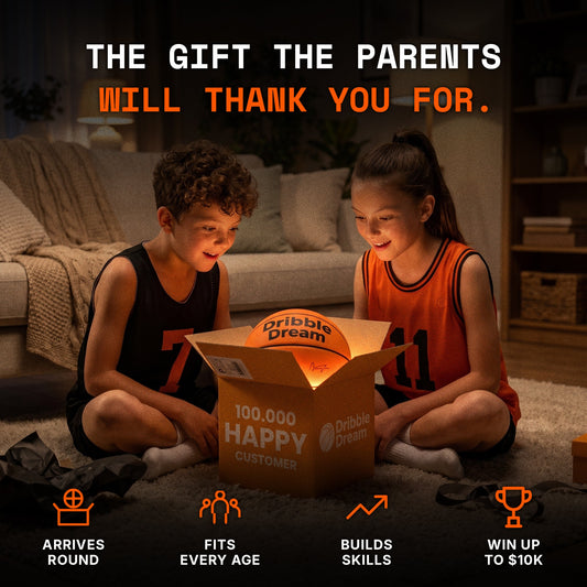 Two kids unboxing a silent basketball as a gift in the living room