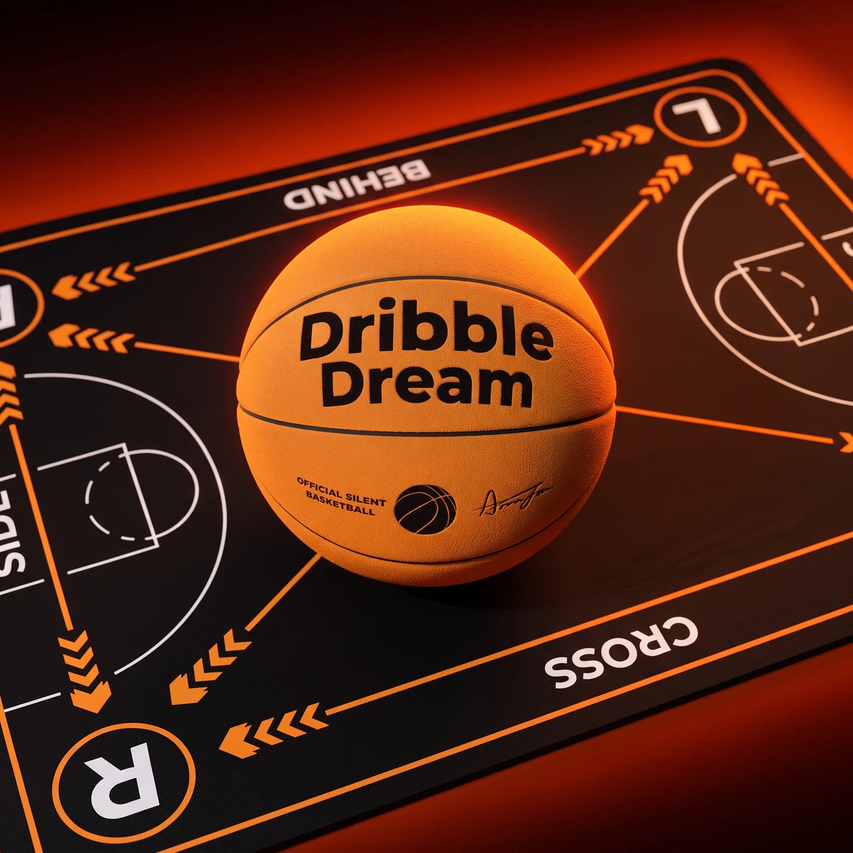Dribble Dream silent basketball on the training mat with cross, side and behind markings