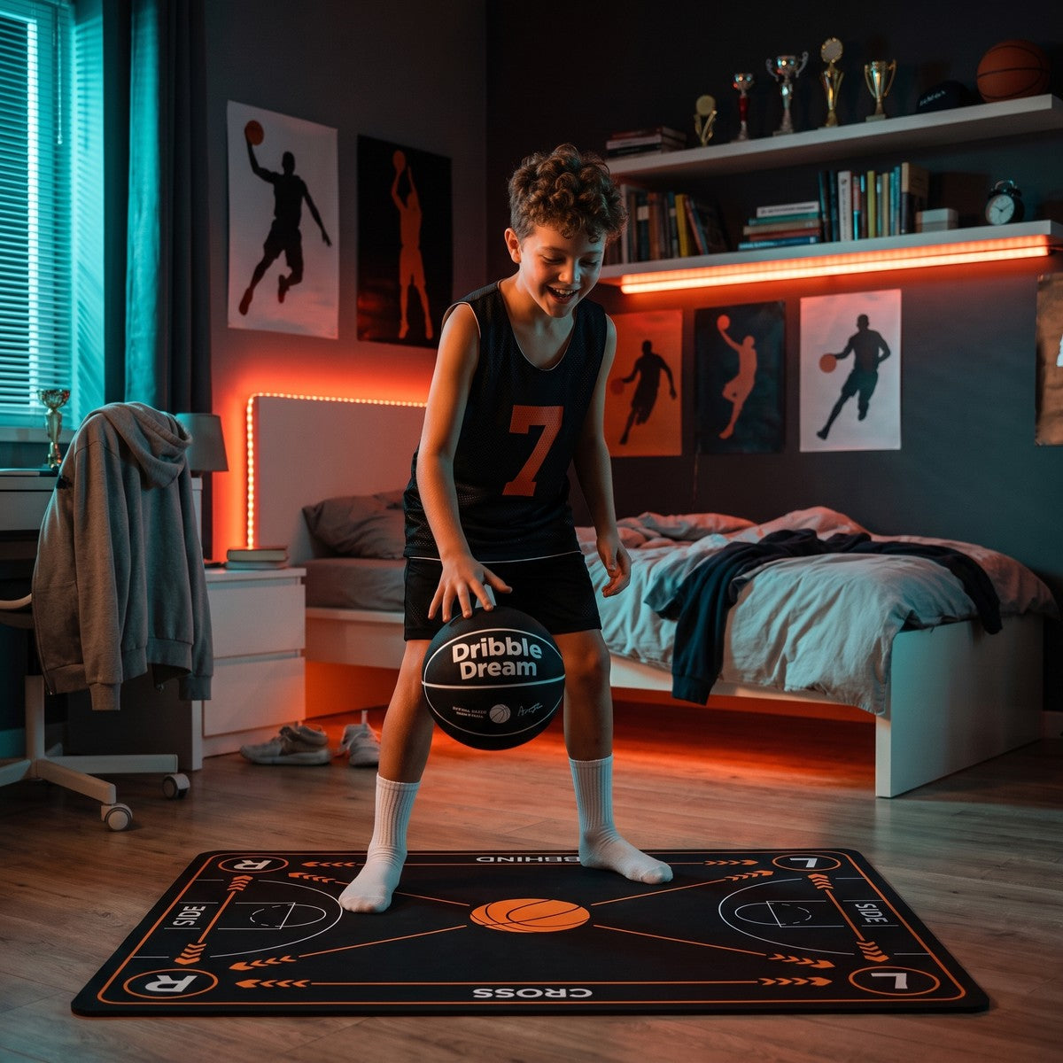 Boy dribbling the black Dribble Dream silent basketball on the training mat in his room