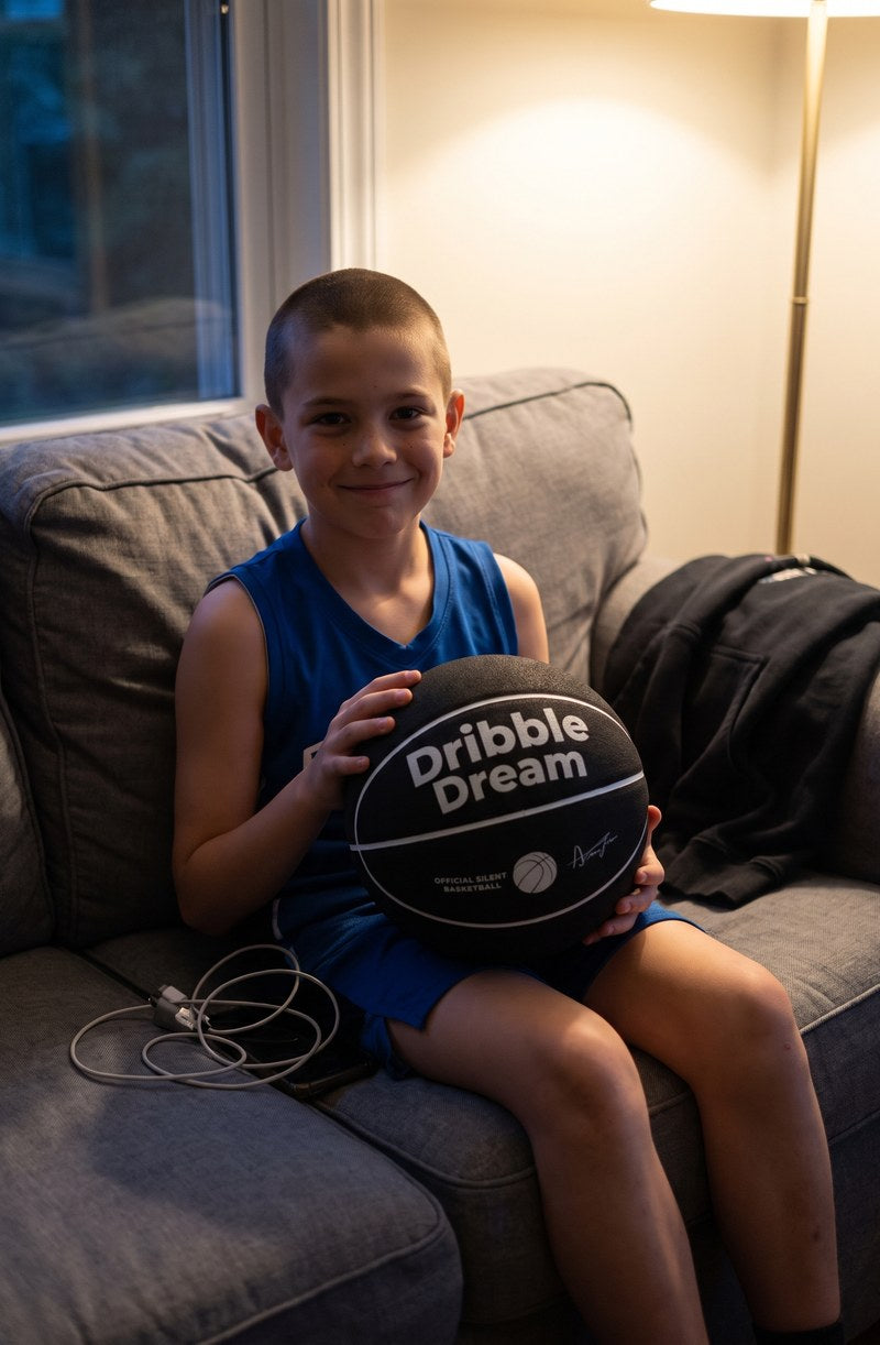 AI preview image, not a customer photo: boy on a sofa with the black Dribble Dream silent basketball