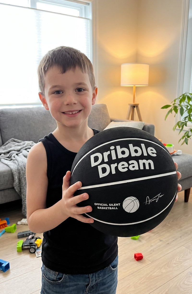 AI preview image, not a customer photo: boy holding the black Dribble Dream silent basketball