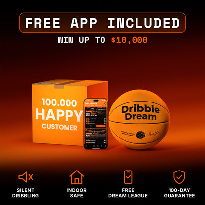 Dribble Dream silent basketball in orange next to its box and the free Dream League app