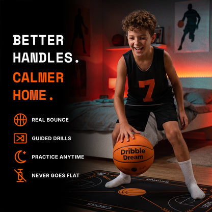 Boy dribbling the Dribble Dream silent basketball on the drill mat in his bedroom