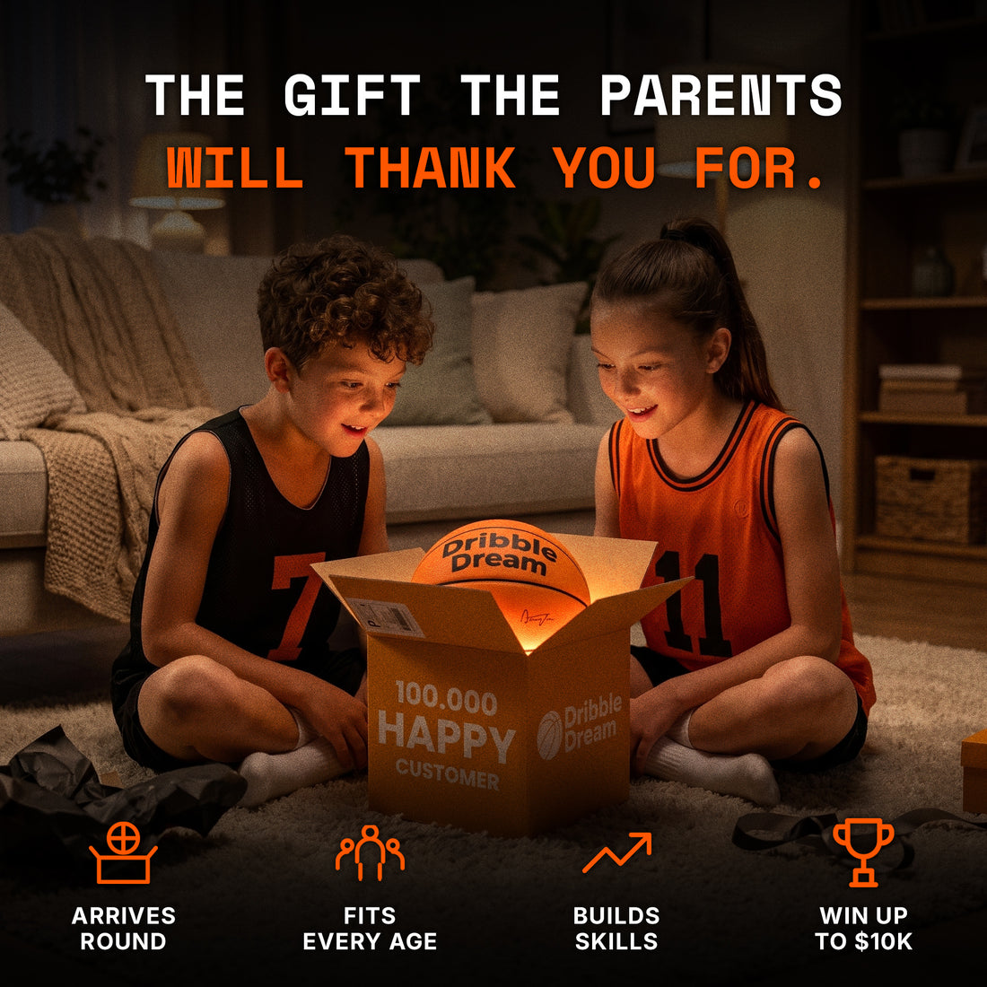 Two kids unboxing the Dribble Dream silent basketball as a gift in the living room