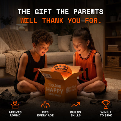 Two kids unboxing the Dribble Dream silent basketball as a gift in the living room