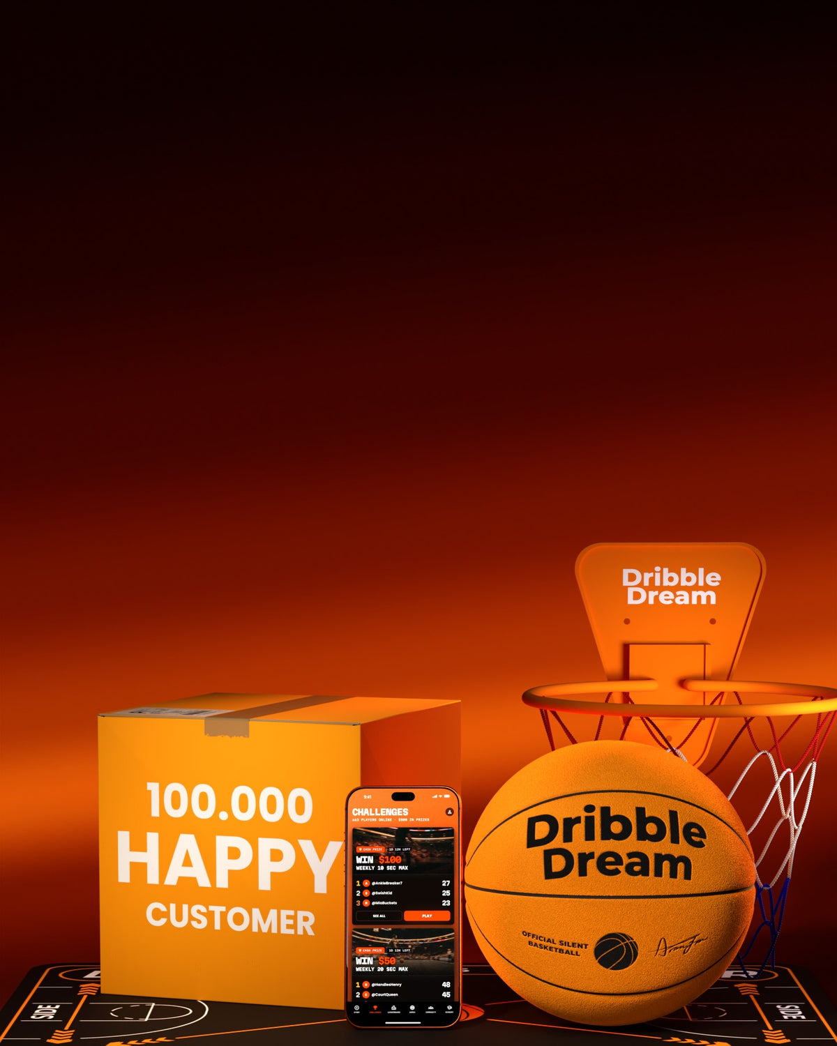 Dribble Dream training kit: box, phone with app, ball, hoop and drill mat