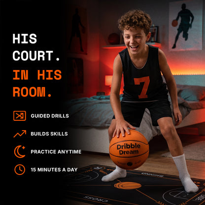 Boy dribbling a silent basketball on the Dribble Dream basketball training mat in his room