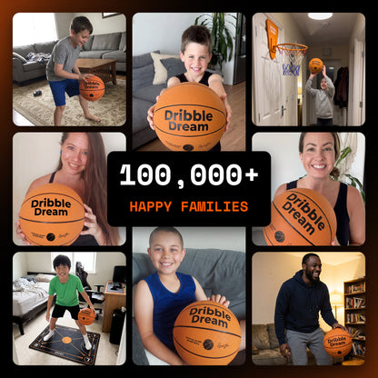 Kids and parents at home with the Dribble Dream silent basketball, 100,000+ happy families