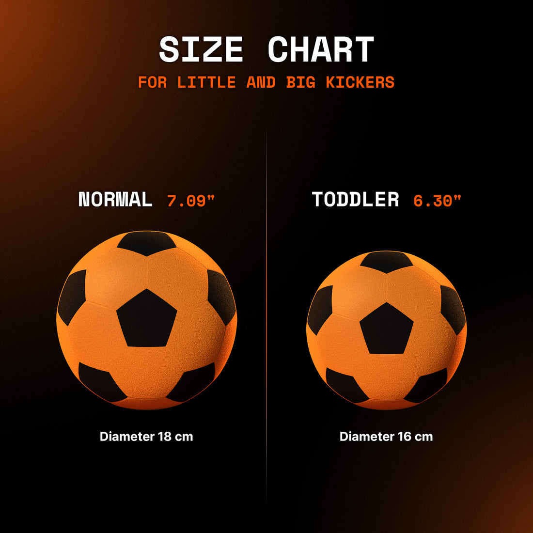 Soccer ball size chart: Normal 7.09 inch, Toddler 6.30 inch